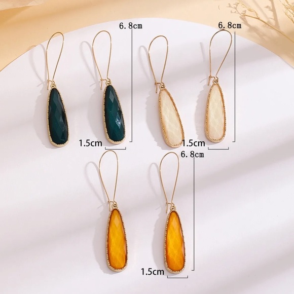 3 Pairs Gold Geometric Gemstone Drop Earrings - Picture 3 of 3